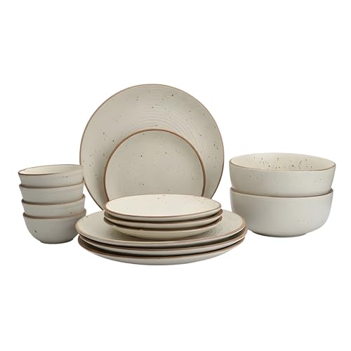 Image of Miah Decor Ceramic Dinner Set - 14-Piece Handmade Stoneware | 4 Bowls, 4 Quarter Plates, 4 Dinner Plates & 2 Serving Bowls | Off White Ribbed Matte Finish | Microwave & Dishwasher Safe | Ideal Gift