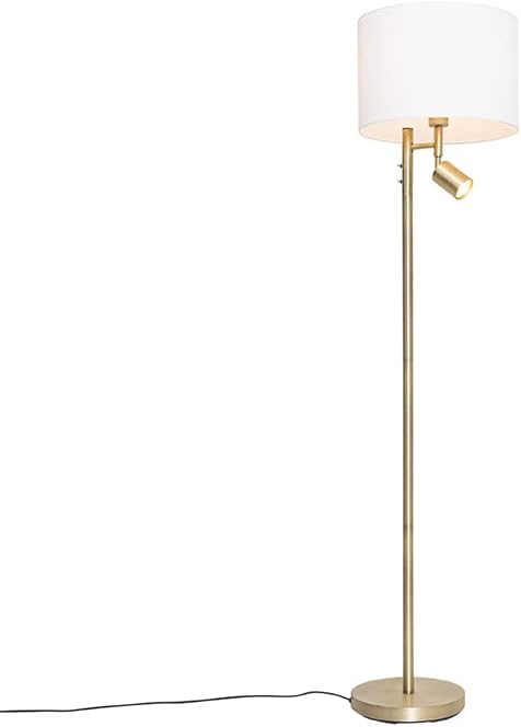 Qazqa QAZQA - Modern Vloerlamp brons met kap wit en leeslamp - Jelena | Woonkamer | Slaapkamer | Keuken - Staal Rond - E27 Geschikt voor LED - Max. 1 x 40 Watt