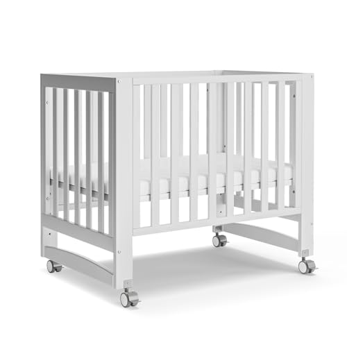 EvoNest Baby Crib, 6 in 1 Convertible Mini Crib with Wheels, 100% New Zealand Solid Wood Growing Bed, 4 Adjustable Mattress Height?White