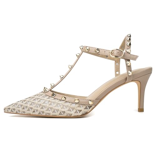Image of XINIUNIU Studded Heels for Women Kitten Heels with Studs Stiletto Sandals with Rivet Ankle Strap Patent Leather Pointy Toe 2.5 Inch Party Daily Wear Evening Sandals