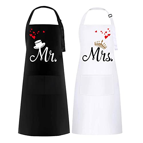 FunChaos 2 pezzi Mr. & Mrs. Grembiule da cucina impermeabile, regolabile con 2 tasche, regalo per compleanno, matrimonio, San Valentino, festa del papà, festa della mamma (nero e bianco)