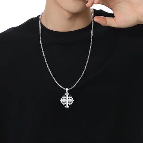 Jerusalem Cross Necklace 925 Sterling Silver Christian Jewelry for Men, w/Stainless Steel Chain 22 + 2 Inch2