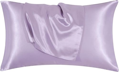 Image of Satin Pillow Covers Set of 2 - Soft & Smooth Pillowcases for Hair & Skin Care | Envelope Closure | Includes 3 Free Random Color Scrunchies | Frizz-Free Sleep Essentials (Lavender)