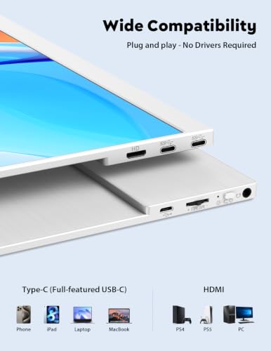 Image of Portable Monitor 15.6 inch, FHD 1080P 100% sRGB White Laptop Monitor with Adjustable Stand, Ultra Slim Travel Monitor with Eye Protection, Plug and Play for Laptop /PC /Mac /Android /PS5