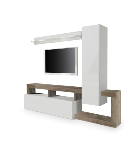 Web Convenienza Parete TV Hamburg Bianco Lucido Attrezzata - Mobile Televisore in Legno con Pensili ad Ante a Ribalta Moderno (1 Pensile Alto, Pero)