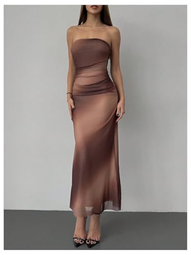 Image of GORGLITTER Women's Sunset Ombre Strapless Cocktail Bridal Shower Midi Dress | Orange Wedding Guest Dress, Mesh Tube Dress, Bridesmaid Dresses, Vacation Beach Sundresses,