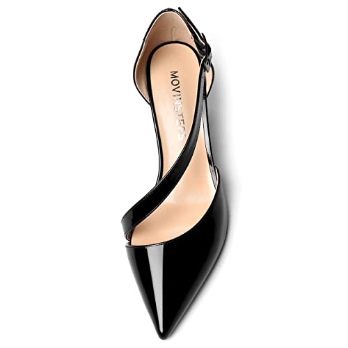 MOVINSTEPS Womens Pointed Toe Formal Thick Office Patent D'Orsay Adjustable Strap Buckle Dress Block Mid Heel Pumps Shoes 2.5 Inch3