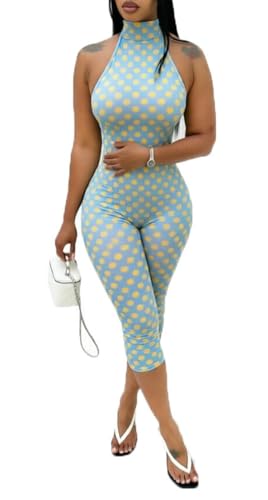 BOKITECAO Women Sexy Jumpsuit Polka Dot Print Halter Neck Backless Back Cross Bodycon Rompers Date Night Club Outfits