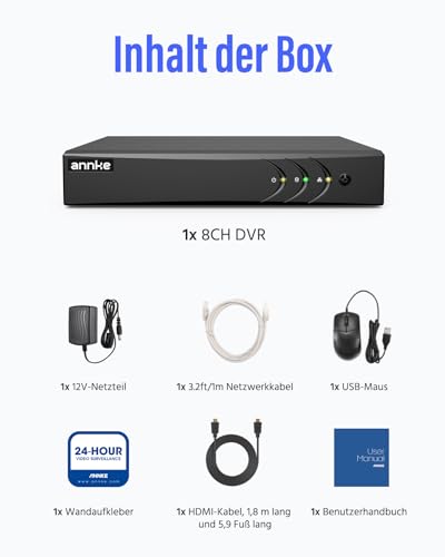 ANNKE 8CH 3K/5MP Lite 5in1 DVR Digital Video Recorder mit Personen- und Fahrzeugerkennung, Verkabelt BNC Eingang, H.265+ TVI/AHD/CVI/Analog, für CCTV Überwachungskamera, Fernzugriff, ohne Festplatte