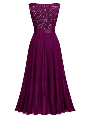 Image of Miusol Women's Vintage V-Neck Sleeveless Sequined Floral Lace Ruffle Split Evening Party Dress | Deep V-neck, sleeveless, sequin lace, ruffle design dress, suit for cocktail party, wedding and banquet