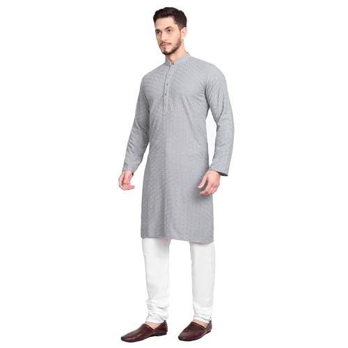 Image of Rayon Ethnic Wear Full Chikankari Sequin Embroidery Mirror Work Traditional Straight Kurta Pyjama Set for Men