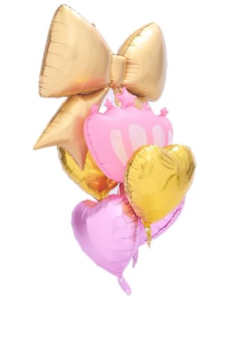 Image of Foil Balloon Bouquet, Pink Crown and Gold Bow Design, Heart and Round Shapes, Large, 6 Count