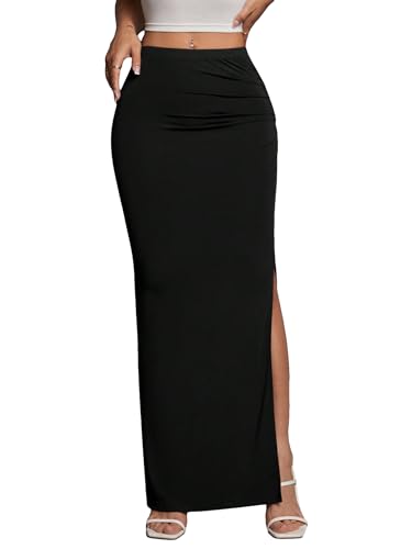 Women's High Waist Maxi Skirt Ruched Side Split Thigh Elegant Bodycon Long Skirts