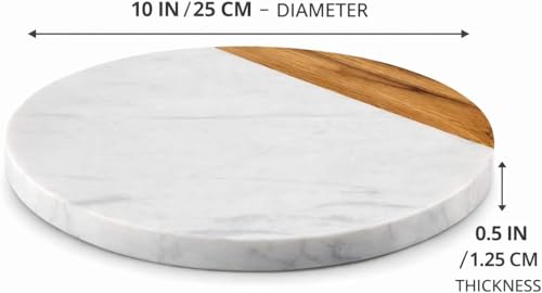 Image of White Round Marble Serving Board | Acacia Wooden, For Charcuterie, Cheese, Meats, Fruit, Crackers, Cheese Board, Cutting Board