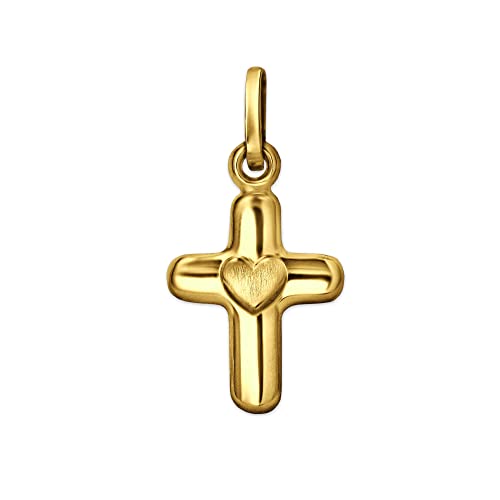 CLEVER SCHMUCK Pendentif en forme de petite croix dorée pour enfant - 11 mm - Brillant - Avec mini cœur au milieu mat - Or 333 8 carats - Dans un étui en forme de croix, Brillant, Sans pierre.
