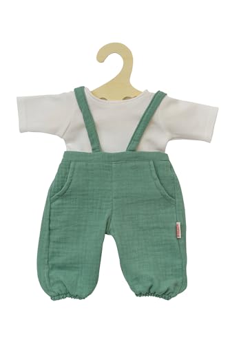 Heless 1416 - Vestiti per Bambole in 100% Cotone Biologico, Set di 2 Pezzi con Salopette in Verde Salvia e Maglietta Bianca per Bambole e Peluche di Dimensioni 28-35 cm