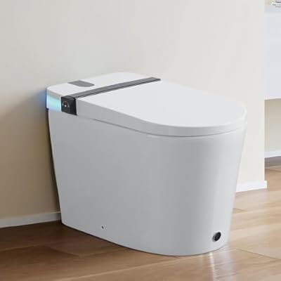 Smart Toilet with Built-In Bidet, Auto Open/Close, Foot Sensor, LED Display, Night Light, Warm Water & Dryer, Revolving lamp, Side Knob With Multiple Controls, Smart Toilet for Bathroom, Ceramic White