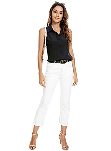 Riatobe Womens Sleeveless Button Down Shirt Blouse Office Work Casual Classic Collar Shirts Black #TOP5