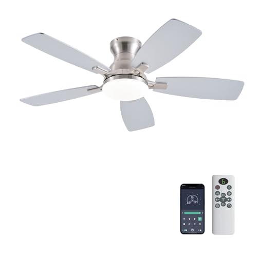 Image of JSAITEE Ceiling Fans with Lights, 42 Inch Low Profile Ceiling Fan with Light, Flush Mount, DC Reversible Motor, Noiseless, Nickel 6 Speeds Ceiling Fan for Bedroom