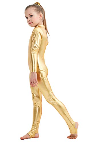 Ygneedom Girls Shiny Metallic Long Sleeve Unitard Spandex One Piece Wet Look Kid Bodysuit (Gold, S) #TOP3