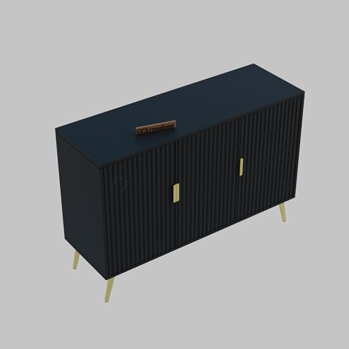 Image of Wooden Sideboard Cabinet 3 Door for Living Room | Crockery Cabinet for Dining Room | Storage Cabinet with Doors | Wooden Console Cupboard Home | HDMR Wood with Metal Legs | Black & Gold