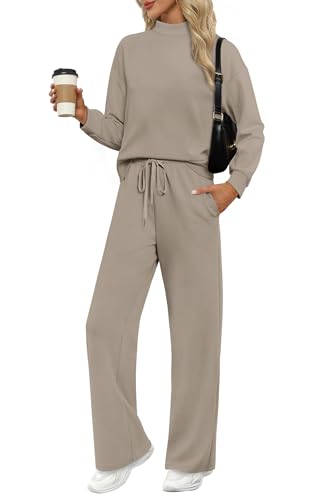 Image of WIHOLL Two Piece Sets for Women Fall Outfits Lounge Sets Mock Neck Tops Wide Leg Pants Vacation Travel Airport Outfits