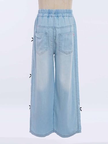 Kids Girls Elastic Waist Wide Leg Denim Pants Cute Bow Y2K Casual Baggy Jeans Y2K Bottoms with Pockets4