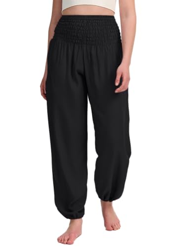 Hanyomo Mujeres Yoga Pantalones harén Cintura acon Bolsillos Pantalones Fitness algodón Holgados Entrenamiento Negro M