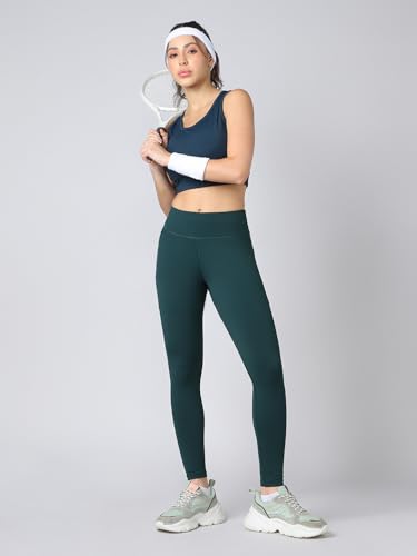 Image of TECHNOSPORT Women's Solid Slim Fit ELASTOPLUS Tights High Waist Polyester Gym Leggings for Yoga Running Workout UPF50+ Anti Odour