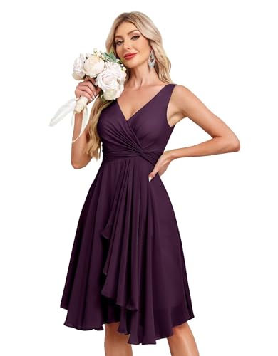 Image of Women's V Neck Short Bridesmaid Dresses 2025 Ruched Waist A Line Chiffon Formal Cocktail Party Dress