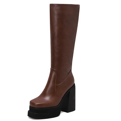 Botte Haute Jusqu'Au Genou Femme Bout Carré Plateforme Tendance Noire