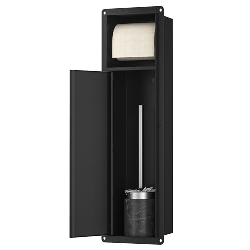 Bernkot Unterputz Toilettenpapierhalter Edelstahl, WC Papier Halterung für Badezimmer,Klopapierhalter mit Aufbewahrung Bietet Platz für Neue Rollen/Klobürstengarnitur, 63×15×15 cm, Schwarz