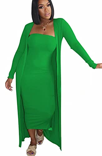 Womens 2 Piece Outfits Sexy Bodycon Midi Dress Long Sleeve Cardigan Jackets Plus Size Sets Deep Green