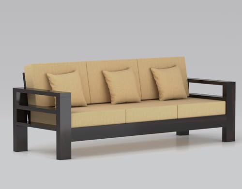 Image of Furniture Solid Sheesham Wood 3 Seater Sofa Set | Multipurpose Wooden Three Seater Lounge Sofa Set Furniture for Living Room, Home and Office (Walnut Finish)