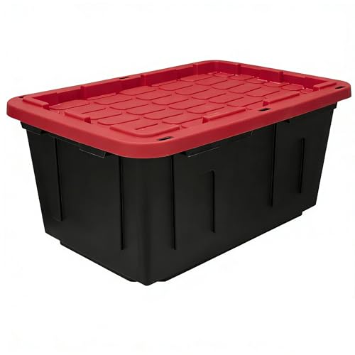 Image of 27 Gallon Heavy Duty Plastic Storage Bins with Lids, Black & Red (2) | Stackable large capacity plastic totes ideal for garage storage, household organization and moving supplies storage