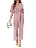 Cicy Bell Women's Elegant V Neck Jumpsuits Dressy Casual Short Sleeve Wide Leg Long Pants Rompers