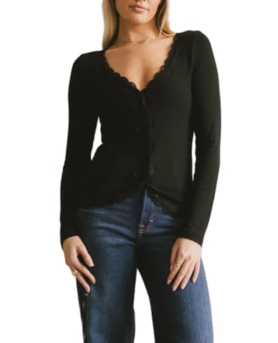 Womens Cardigans Lightweight Long Sleeve Button Down V Neck Slim Fit Lace Trim Top