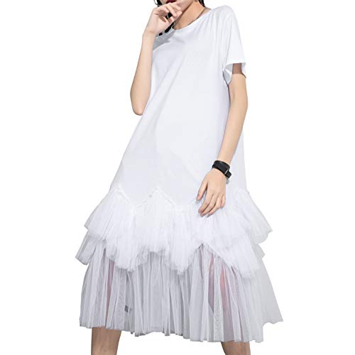 ellazhu Women's Casual Short Sleeve Crew Neck Tutu Tulle Dress with an Oversized Fit GY2266 Large-X-Large White