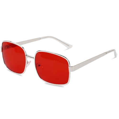 LLMSIX Red Lens Rectangle Sunglasses for Women Men Vintage Rectangle Sunglasses Fashion Sun Glasses 90’s Vintage Protection Square Flat Frame Trendy Shades