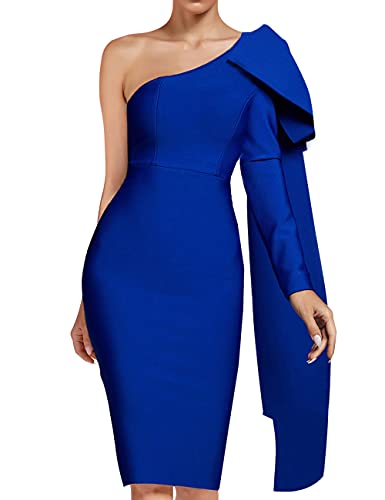 Image of UONBOX Women's One Shoulder Bowknot Long Sleeve Bodycon Knee Length Club Party Bandage Dress