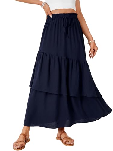 Vrtige Women's Summer Elastic High Waist A Line Flowy Asymmetrical Ruffle Maxi Long Skirts4