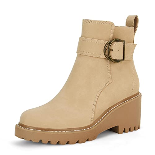 Coutgo Womens Platform Ankle Boots Lug Sole Chunky Block Heel Booties