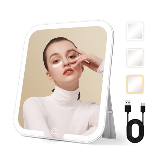 ライト付きミラー メイク 鏡 卓上 長押しで明るさ無段階調光 角度は360度調整 卓上鏡 女優ミラー USB充電式 消し忘れ防止機能 収納便利 旅行用 持ち運びに便利 卓上ミラー 化粧鏡 折りたたみ (24×20cm)