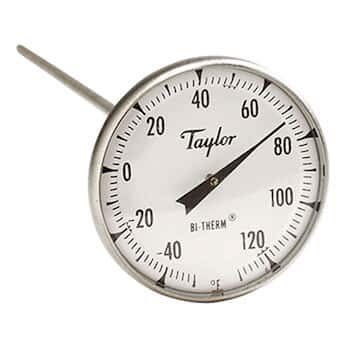 Taylor 6211J 2" Dial Bi-Metal Test Thermometer, 8" Stem, 40F/120F, 1% Accy