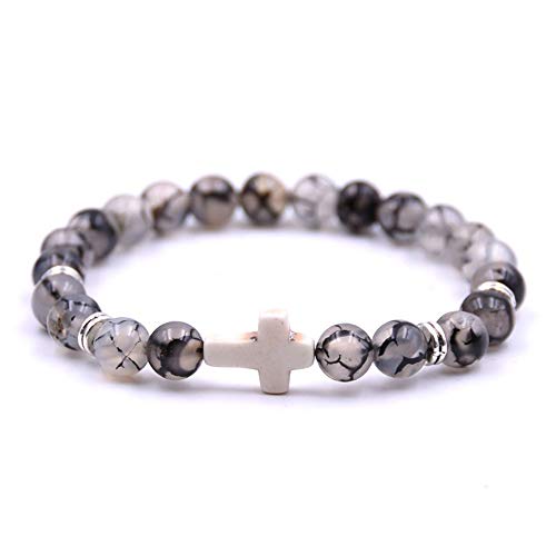SOFTONES 8mm Beads Cross Bracelet for Women Men Natural Stone Elastic Link Prayer Bracelet for Boy Girls,with Gift Box