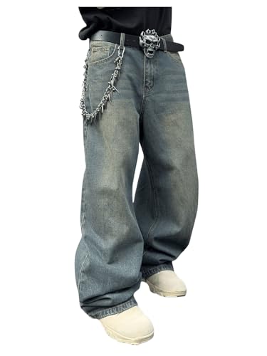 Verdusa Men's Grunge Wide Leg Jeans Vintage Streetwear Denim Pants with Pockets
