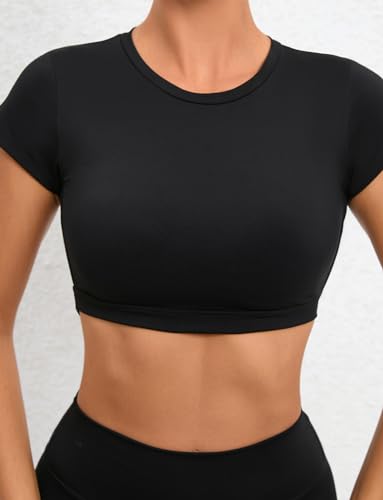 FEOYA Women’s Open Back Crop Tops Short Sleeve Slim Fit Gym Workout Tops with Pads Soft Yoga Fitness Activewear4