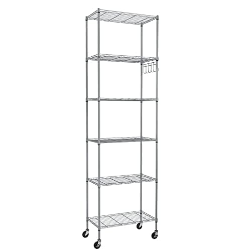 Himimi 6-Tier Wire Shelving Unit with Wheels - Adjustable Metal Storage Rack for Garage, Kitchen, Office, Pantry - Easy Assembly, Rolling Steel Shelves with Stainless Side Hooks, Silver Grey