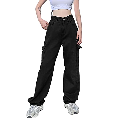 YIDYFA Cargohose Damen Baggy Low Waist Drawstring Cargo Pants Hosen mit TaschenTeenager Mädchen Aestethic Streetwear High Waist Hose Hippie Hose (A-G-Black, M) Cover