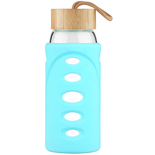 Justfwater Botella de Agua de Borosilicato de 750ml, Botella de Agua de Vidrio con Funda de Silicona y Tapa de Bambú